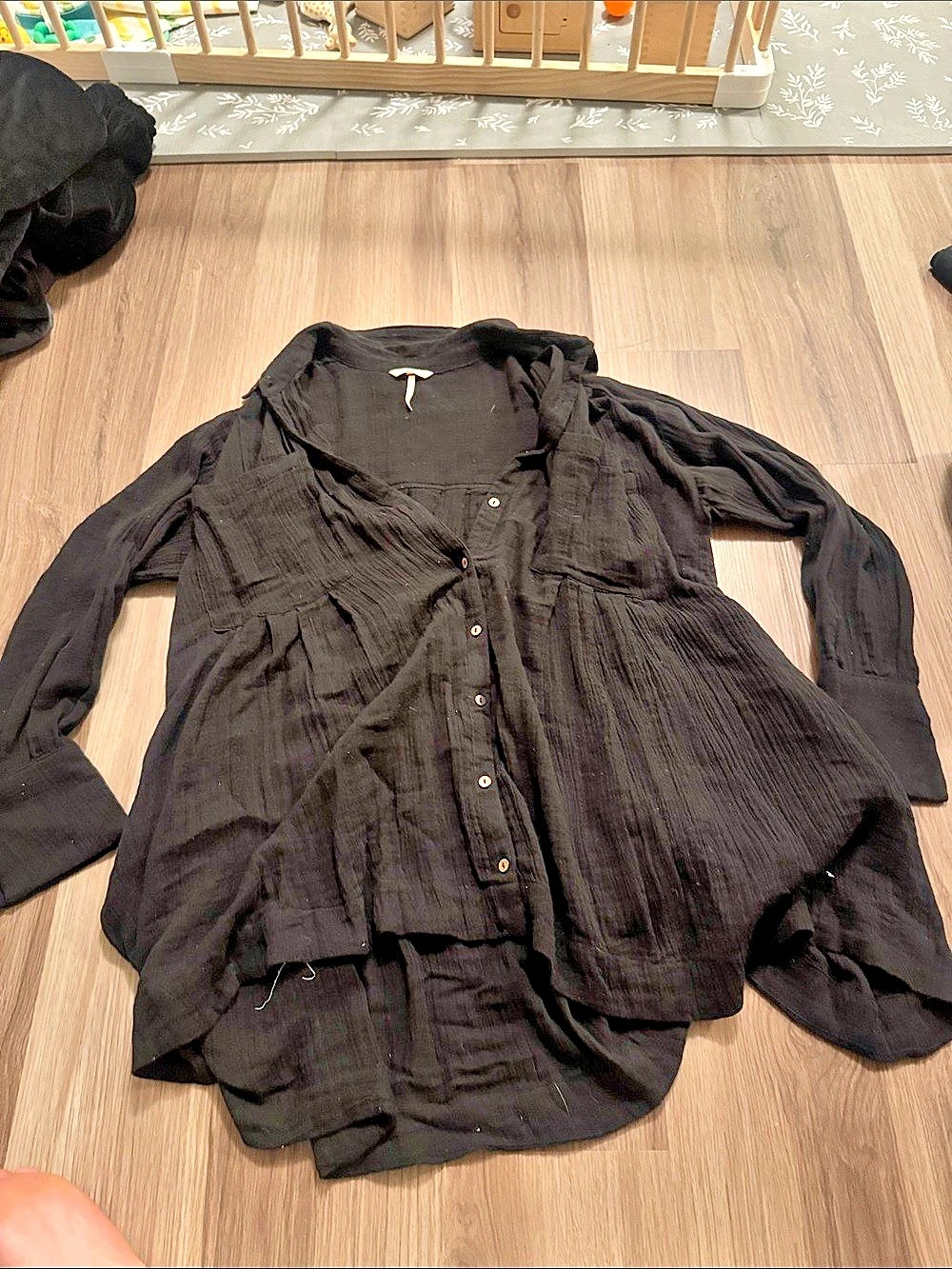 Free People Happy Days Oversized Cotton Gauze Button-Up Top Black Medium